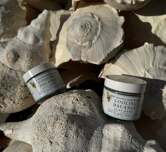 Two jars of clay mask on a background of seashells and rocks